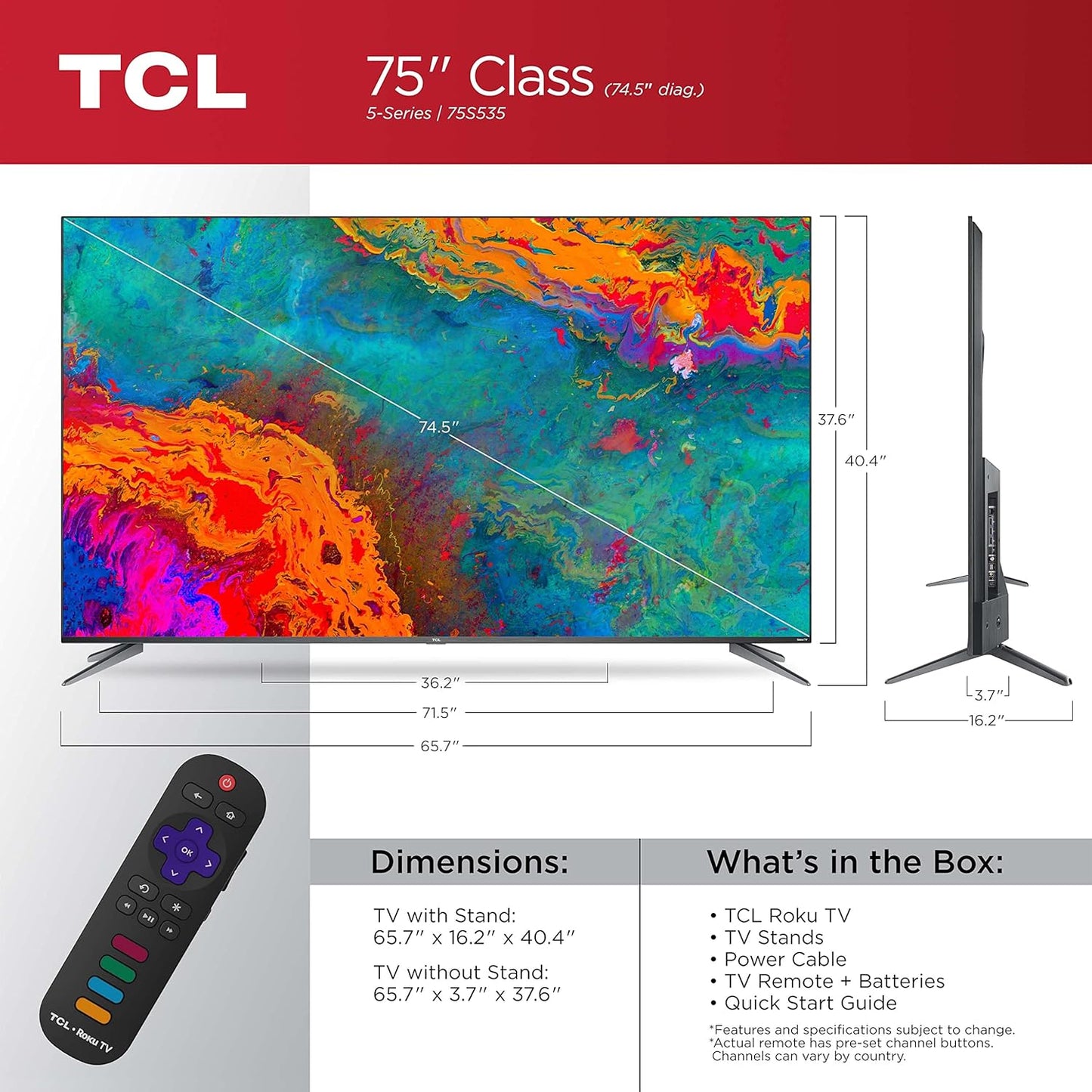75-Inch 5-Series 4K UHD Dolby Vision HDR QLED Roku Smart TV - 75S535, 2021 Model