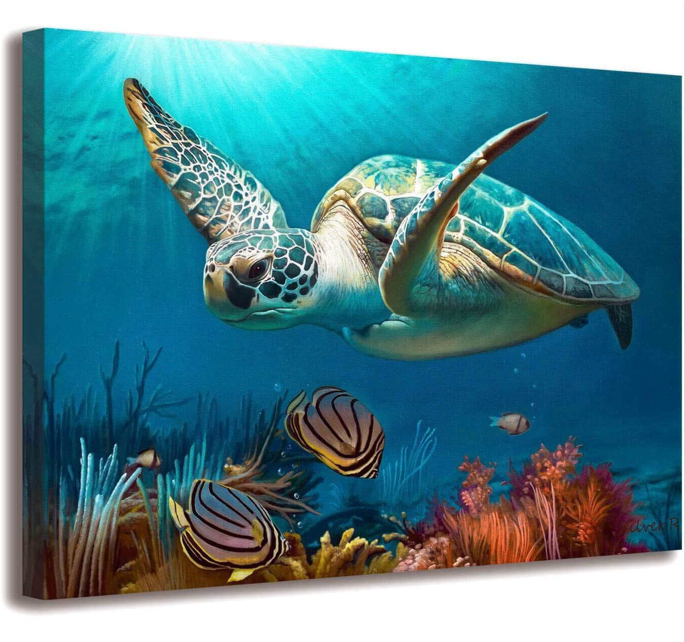 Sea Turtle Ocean Life Canvas Wall Art, Underwater Coral Reef Scene, Marine Life Home Decor