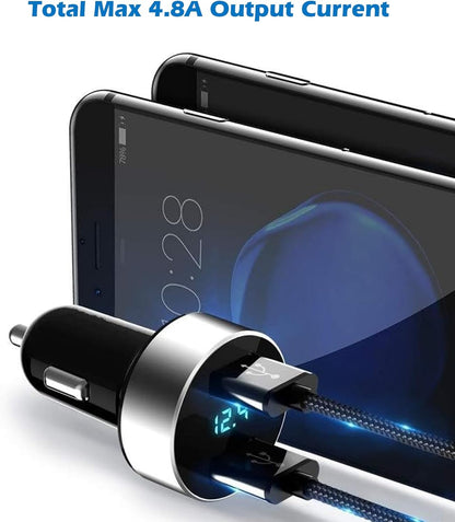 2 USB Car Charger,12V/24V Voltage Meter, Output 4.8A, Cigarette Lighter Plug Adapter Compatible with Iphone,Ipad, Samsung, USB Charging Devices, Silver