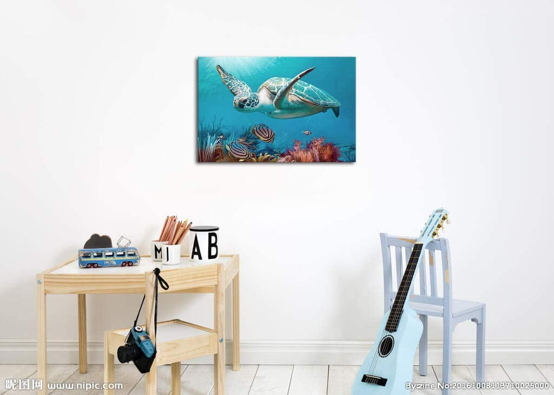 Sea Turtle Ocean Life Canvas Wall Art, Underwater Coral Reef Scene, Marine Life Home Decor